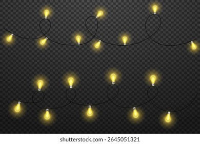 Christmas glowing garland of light bulbs. LED neon lamp. Glowing lights for Christmas holiday cards, banners. Vector illustration.