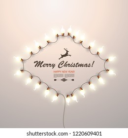 Christmas glowing garland on a gentle pleasant background. Candle light bulbs. Xmas holidays.  New year, winter.