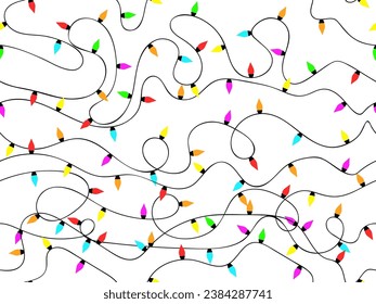 Christmas glowing garland seamless pattern. Colorful Christmas lights on a white background. Christmas tree garland with red, green and blue LEDs. Design for banner and poster. Vector illustration