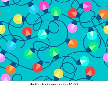 Christmas glowing garland seamless pattern. Multicolor Christmas Lights. LED Christmas tree lights. Festive design for posters, banners and advertising products. Vector illustration