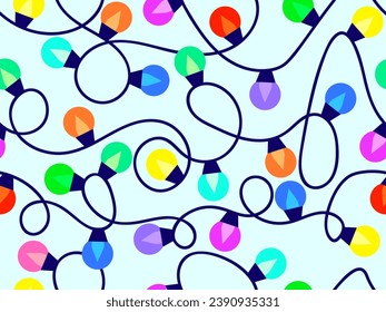 Christmas glowing garland seamless pattern. Multicolor Christmas Lights. LED Christmas tree lights. Festive design for posters, banners and advertising products. Vector illustration