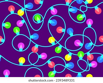 Christmas glowing garland seamless pattern. Multicolor Christmas Lights. LED Christmas tree lights. Festive design for posters, banners and advertising products. Vector illustration