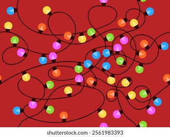 Christmas glowing garland seamless pattern. Multicolor Christmas Lights. Christmas bulb garland. Festive design for posters, banners and advertising products. Vector illustration