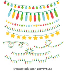 Christmas glowing garland.  Traditional holiday. New year celebration. Christmas holiday pattern. Garland for decorative design. Bright star. New year celebration. Christmas decor. 