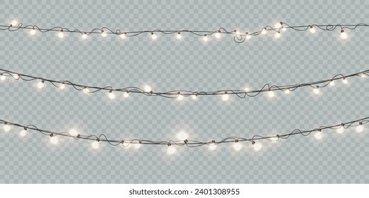 Christmas glowing garlands. Christmas lights isolated on transparent background. For congratulations, invitations and holiday design.
