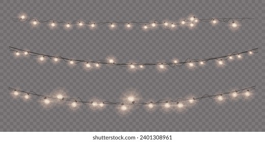 Christmas glowing garlands. Christmas lights isolated on transparent background. For congratulations, invitations and holiday design.