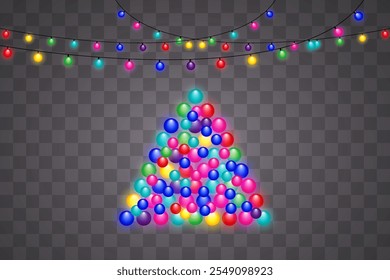 Christmas glowing garlands in the shape of a Christmas tree.Vector eps10.On a transparent background.