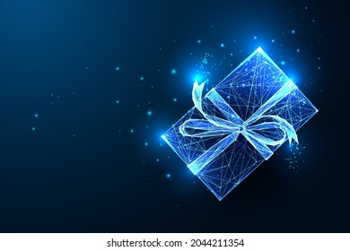 Christmas glowing gift box with ribbon bow  and stars isolated on dark blue background. Abstract present for holidays. Futuristic modern neon line design vector illustration.