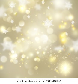 Christmas glowing Golden Template. Holiday lights. Gold New year Abstract Glitter Defocused Background With Blinking Stars and sparks. Blurred Bokeh. And also includes EPS 10 vector