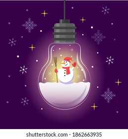 Christmas glowing lamp with a snowman inside and falling snowflakes.	