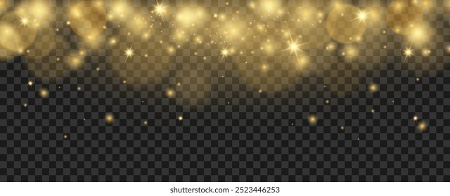 Navidades brillantes luz bokeh confeti y chispa. Partículas brillantes de polvo de hadas doradas y bokeh. Navidades efecto de luz sobre fondo transparente. Efecto de luz con polvo mágico dorado dinámico