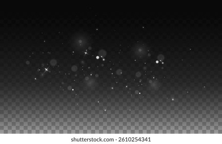 Christmas glowing light confetti and spark overlay. Shimmering Dust. Bokeh Lights. Festive Designs.White png dust light. Bokeh light lights effect background. Christmas background of shining dust.