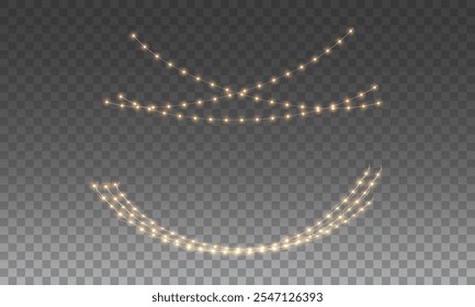 Christmas glowing lights, Bright garlands with golden shine. Christmas lights for holiday illustrations. Yellow garlands glow sparkle with light effect