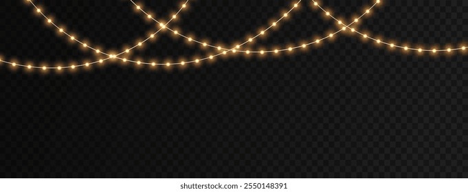 Luzes brilhantes de Natal, grinaldas brilhantes com brilho dourado. Luzes de Natal para ilustrações de férias. Glândulas amarelas brilham com efeito de luz