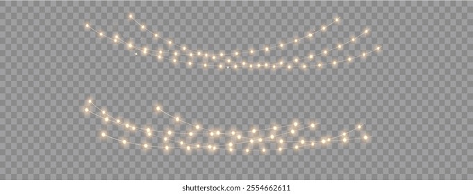 Christmas glowing lights, Bright garlands with golden shine. Christmas lights for holiday illustrations. Yellow garlands glow sparkle with light effect