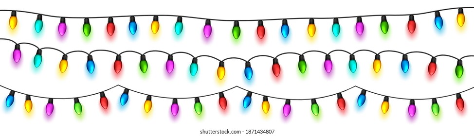 Christmas glowing lights. Festival garlands with colorful bulbs. Greeting card design element. New Year, winter holidays.