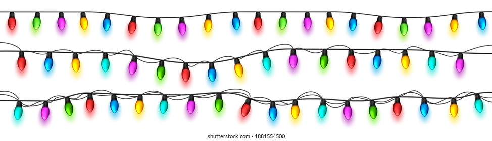 Christmas glowing lights. Festival garlands with colorful bulbs. Greeting card design element. New Year, winter holidays.