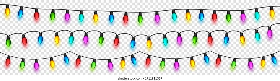 Christmas glowing lights. Festival garlands with colorful bulbs. Greeting card design element. New Year, winter holidays.