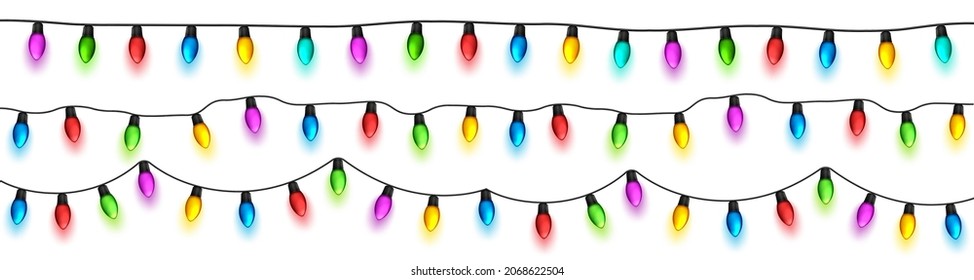 Christmas glowing lights. Festival garlands with colorful bulbs. Greeting card design element. New Year, winter holidays.