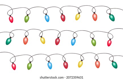 Christmas glowing lights garland with colored bulbs. Xmas holidays. Christmas greeting card design element. 