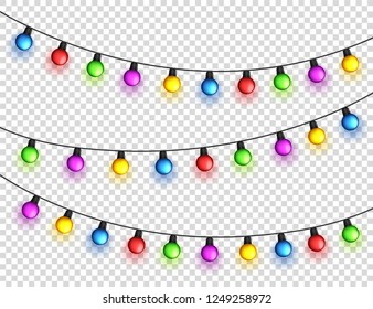 Christmas glowing lights. Garlands with colored bulbs. Xmas holidays. Christmas greeting card design element. New year,winter.