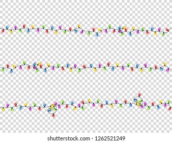 Christmas glowing lights. Garlands with colored small bulbs. Xmas holidays. Christmas greeting card design element. New year,winter.