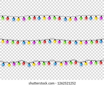 Christmas glowing lights. Garlands with colored small bulbs. Xmas holidays. Christmas greeting card design element. New year,winter.