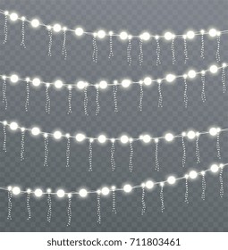 Christmas glowing lights with garlands, holiday decorations. Isolated New Year lighting effects.