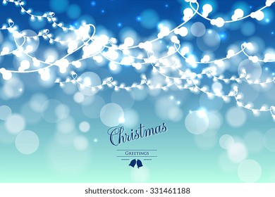 Christmas Glowing  Lights. Merry Christmas and Happy New Year Card Xmas Decorations. Blur Silver Snowflakes. Vector.