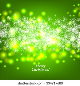 Christmas Glowing Lights. Merry Christmas and Happy New Year Card Xmas Decorations. Blur Silver Snowflakes. Vector.