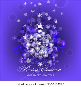 Christmas Glowing Lights. Merry Christmas and Happy New Year Card Xmas Decorations. Blur Silver Snowflakes. Vector.