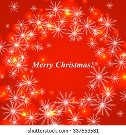Christmas Glowing Lights. Merry Christmas and Happy New Year Card Xmas Decorations. Blur Silver Snowflakes. Vector.