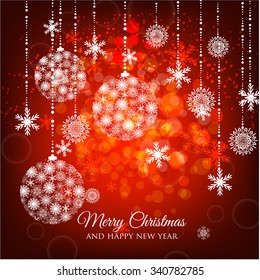 Christmas Glowing Lights. Merry Christmas and Happy New Year Card Xmas Decorations. Blur Silver Snowflakes. Vector.