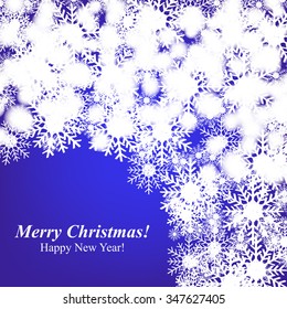 Christmas Glowing Lights. Merry Christmas and Happy New Year Card Xmas Decorations. Blur Silver Snowflakes. Vector.