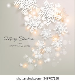 Christmas Glowing Lights. Merry Christmas and Happy New Year Card Xmas Decorations. Blur Silver Snowflakes. Vector