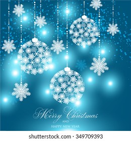 Christmas Glowing Lights. Merry Christmas and Happy New Year Card Xmas Decorations. Blur Silver Snowflakes. Vector.