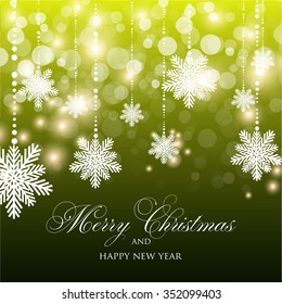 Christmas Glowing Lights. Merry Christmas and Happy New Year Card Xmas Decorations. Blur Silver Snowflakes. Vector.