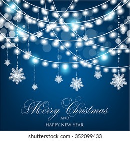 Christmas Glowing Lights. Merry Christmas and Happy New Year Card Xmas Decorations. Blur Silver Snowflakes. Vector.