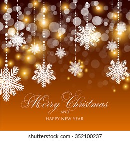 Christmas Glowing Lights. Merry Christmas and Happy New Year Card Xmas Decorations. Blur Silver Snowflakes. Vector.
