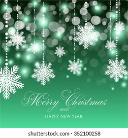 Christmas Glowing Lights. Merry Christmas and Happy New Year Card Xmas Decorations. Blur Silver Snowflakes. Vector.