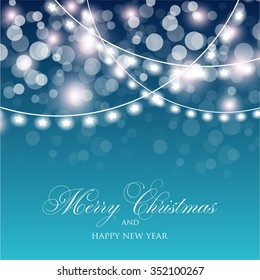 Christmas Glowing Lights. Merry Christmas and Happy New Year Card Xmas Decorations. Blur Silver Snowflakes. Vector.