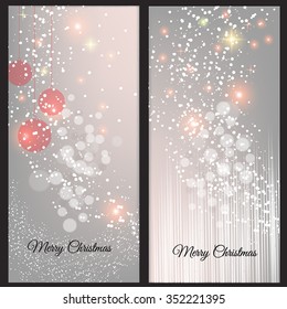 Christmas Glowing Lights. Merry Christmas and Happy New Year Card Xmas Decorations. Blur Silver Snowflakes. Vector.