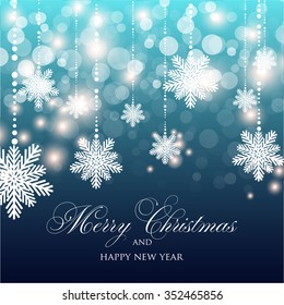 Christmas Glowing Lights. Merry Christmas and Happy New Year Card Xmas Decorations. Blur Silver Snowflakes. Vector.