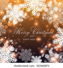 Christmas Glowing Lights. Merry Christmas and Happy New Year Card Xmas Decorations. Blur Silver Snowflakes. Vector.