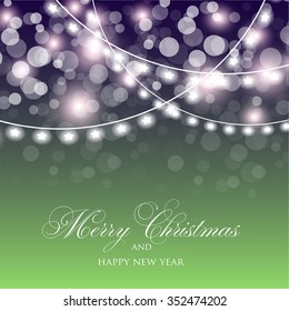 Christmas Glowing Lights. Merry Christmas and Happy New Year Card Xmas Decorations. Blur Silver Snowflakes. Vector.