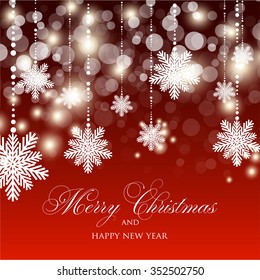 Christmas Glowing Lights. Merry Christmas and Happy New Year Card Xmas Decorations. Blur Silver Snowflakes. Vector.