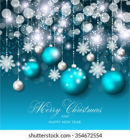 Christmas Glowing Lights. Merry Christmas and Happy New Year Card Xmas Decorations. Blur Silver Snowflakes. Vector.