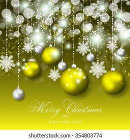 Christmas Glowing Lights. Merry Christmas and Happy New Year Card Xmas Decorations. Blur Silver Snowflakes. Vector.