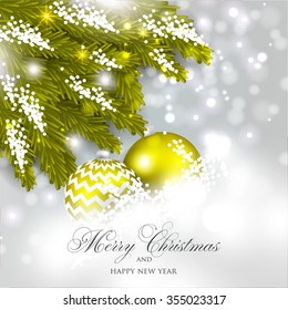 Christmas Glowing Lights. Merry Christmas and Happy New Year Card Xmas Decorations. Blur Silver Snowflakes. Vector.