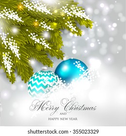 Christmas Glowing Lights. Merry Christmas and Happy New Year Card Xmas Decorations. Blur Silver Snowflakes. Vector.